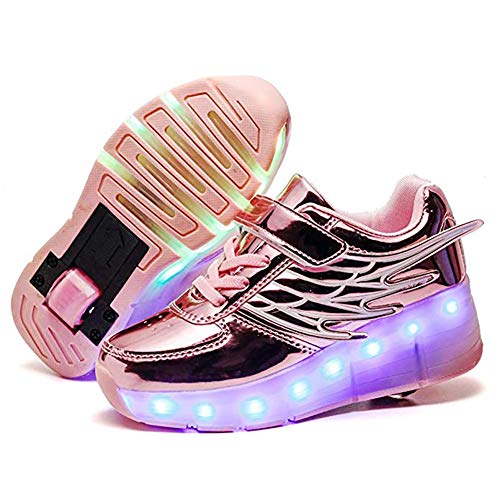 NHAO Rodillo Led Intermitente De La Rueda del Patín Zapatos Recargable USB Zapatos del Deporte Al Aire Patines Cruzados Zapatillas De Deporte De Las Alas del Ángel,Rosado,38