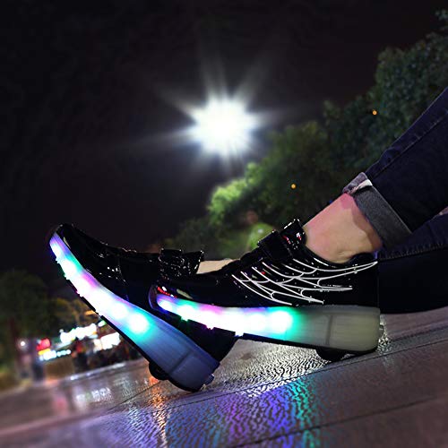 NHAO Rodillo Led Intermitente De La Rueda del Patín Zapatos Recargable USB Zapatos del Deporte Al Aire Patines Cruzados Zapatillas De Deporte De Las Alas del Ángel,Negro,31