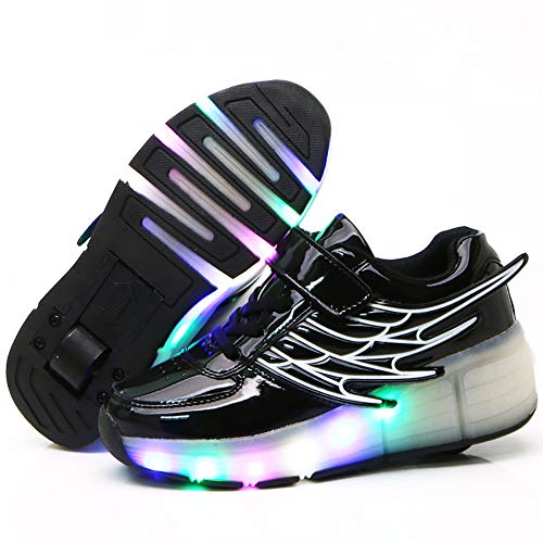 NHAO Rodillo Led Intermitente De La Rueda del Patín Zapatos Recargable USB Zapatos del Deporte Al Aire Patines Cruzados Zapatillas De Deporte De Las Alas del Ángel,Negro,31