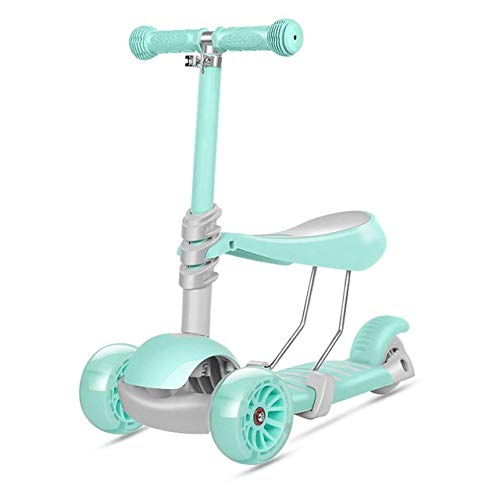 NHK-MX 3 en 1 Scooter para niños de 6 a 12 años, con Asiento extraíble y 3 Ruedas de luz LED Scooter multifunción Altura Ajustable y diseño Plegable (Color : Green)