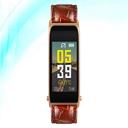 NICERIO Pantalla de Color Y6 Presión Arterial Ritmo cardíaco Rastreador de Ejercicios Reloj Inteligente Pulsera Deportiva para Hombres Mujeres y niños (Dorado con Banda de Cuero PU)