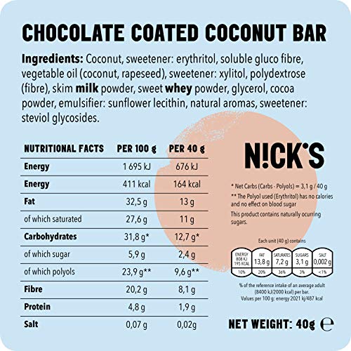 NICKS Coconut bar, Barrita de coco recubierta de chocolate, sin azúcar añadido, sin gluten 20 x 40g