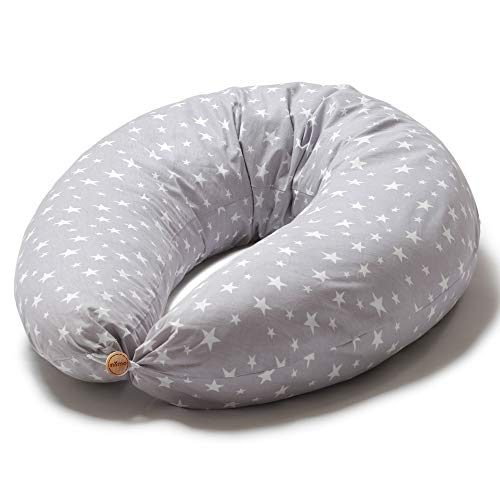 Niimo Cojin Lactancia Bebe y Almohada Embarazada Dormir XXL Multifuncion Funda Cojin 100% Algodon Desenfundable y Lavable Relleno de Poliester Multiusos Maternidad (Gris-Estrella Blanca)