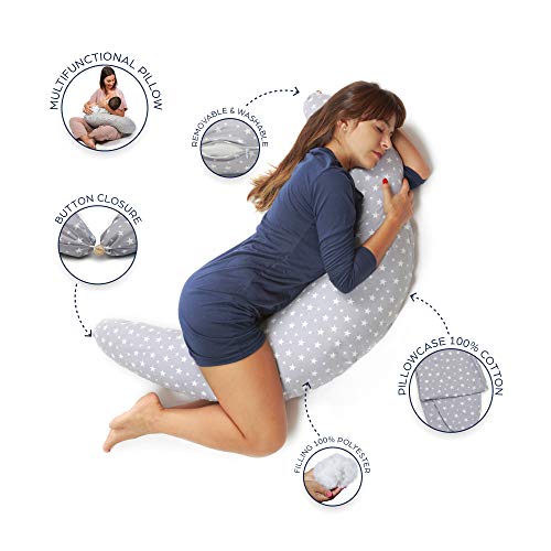 Niivetto Almohada Embarazo Dormir y Cojin Lactancia Bebe XXL Funda 100% Algodon Desenfundable y Lavable Relleno de Fibra Hueca Poliester Siliconado by Niimo (Gris-Estrella Blanca)