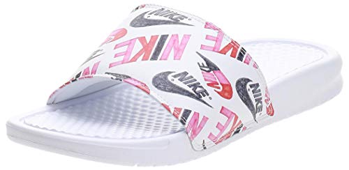 Nike Wmns Benassi JDI Print, Zapatilla de Correr Mujer, Blanco/Negro/Loto Naranja De Equipo Rosado, 36.5 EU