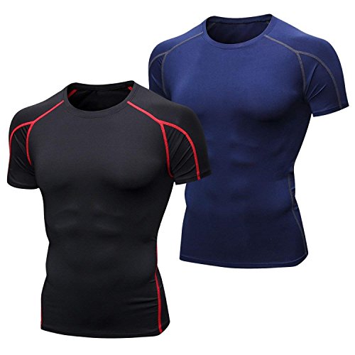 Niksa 2 Piezas Camisetas de Fitness Compresión Ropa Deportiva Manga Corta Hombre para Correr, Ejercicio,Gimnasio Negro Rojo+Azul Marino 1053(XL)