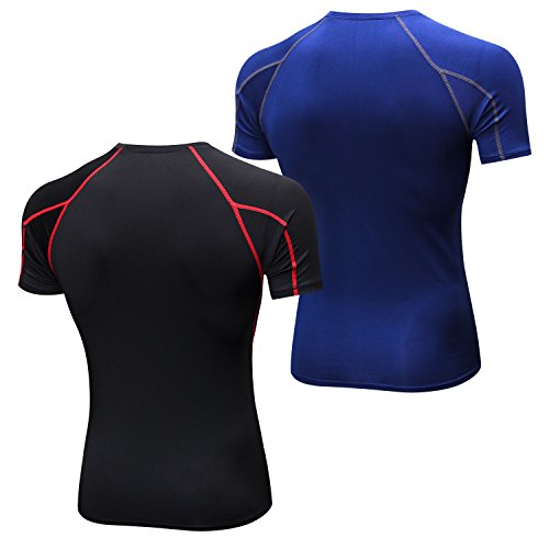 Niksa 2 Piezas Camisetas de Fitness Compresión Ropa Deportiva Manga Corta Hombre para Correr, Ejercicio,Gimnasio Negro Rojo+Azul Marino1053(M)
