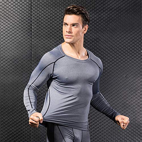 Niksa 2 Piezas Camisetas de Fitness Compresión Ropa Deportiva Manga Larga Hombre para Correr, Ejercicio,Gimnasio 1059 (Medium(Fit Chest 35.5"-37.5"), (Manga Larga) Negro Gris+Azul Marino)