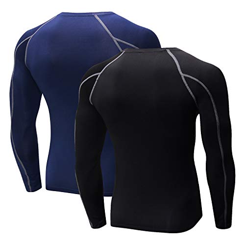 Niksa 2 Piezas Camisetas de Fitness Compresión Ropa Deportiva Manga Larga Hombre para Correr, Ejercicio,Gimnasio 1059 (Small(Fit Chest 34"-36"), (Manga Larga) Negro Gris+Azul Marino)