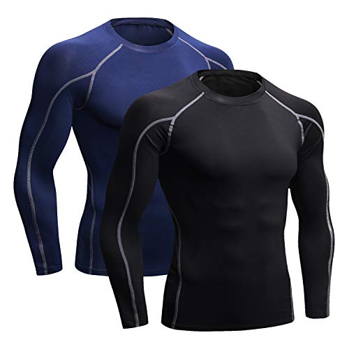 Niksa 2 Piezas Camisetas de Fitness Compresión Ropa Deportiva Manga Larga Hombre para Correr, Ejercicio,Gimnasio 1059 (Small(Fit Chest 34"-36"), (Manga Larga) Negro Gris+Azul Marino)