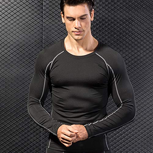 Niksa 2 Piezas Camisetas de Fitness Compresión Ropa Deportiva Manga Larga Hombre para Correr, Ejercicio,Gimnasio 1059 (XX-Large(Fit Chest 40"-42"), (Manga Larga) Negro Gris+Azul Marino)