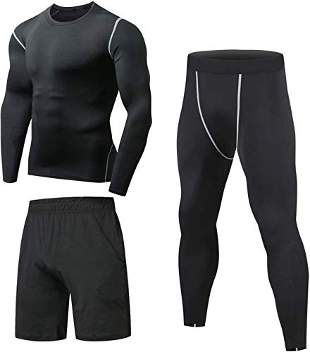 Niksa 3 Piezas Conjunto de Compresion Hombre, Camisetas Compression Mallas Running Pantalon Corto Deporte Ropa Deportiva Hombre para Running, Correr, Gym, Fitness L