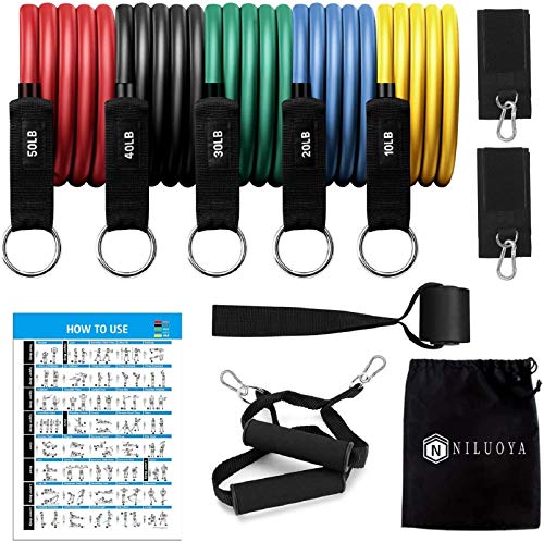 Niluoya Cuerdas Gomas Elasticas Fitness, 12 PCS - 5 Tubos Látex Bandas Resistencia Musculacion, Hombre y Mujer de Tubos Ejercicios con Cubierta Protectora/Manijas/Ancla de Puerta/Correas de Tobillo