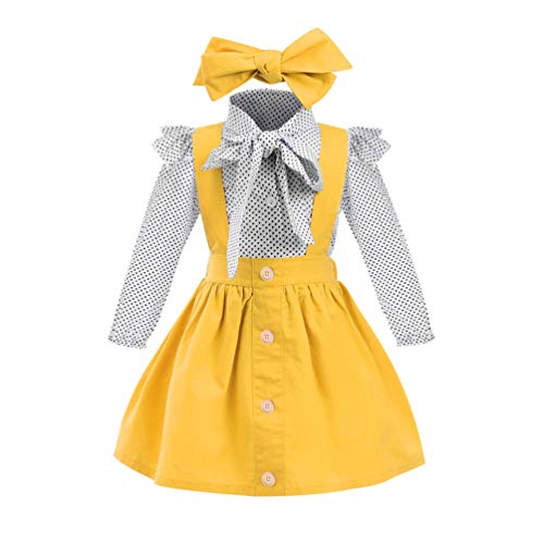 Niñas T-Shirt Correa Vestido Trajes de Navidad 2 Unids/Set Manga Larga con Volantes Top Overoles Falda a Cuadros Conjunto de Ropa (2-3 Años, L-Amarillo)