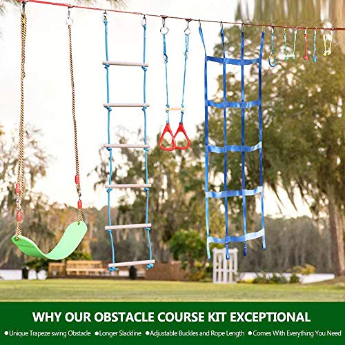 Ninja Warrior Obstacle Course for Kids-Ninja Slackline 50'-El kit de barras de mono colgante más completo para niños con escalera,mantente en forma y conviértete en un guerrero ninja - Ninja Line