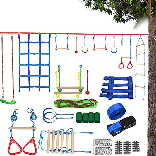 Ninja Warrior Obstacle Course for Kids-Ninja Slackline 50'-El kit de barras de mono colgante más completo para niños con escalera,mantente en forma y conviértete en un guerrero ninja - Ninja Line
