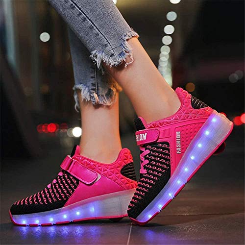 Niños 7 Colores Que Cambian Tiras LED Mejoradas Rueda Patines De Ruedas Zapatos Retráctiles Patinaje Técnico Patines En Línea Deporte Zapatillas Cruzadas Al Aire Libre Vibración Intermitente,Pink 1-38