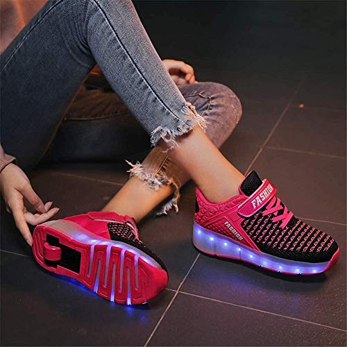 Niños 7 Colores Que Cambian Tiras LED Mejoradas Rueda Patines De Ruedas Zapatos Retráctiles Patinaje Técnico Patines En Línea Deporte Zapatillas Cruzadas Al Aire Libre Vibración Intermitente,Pink 1-38