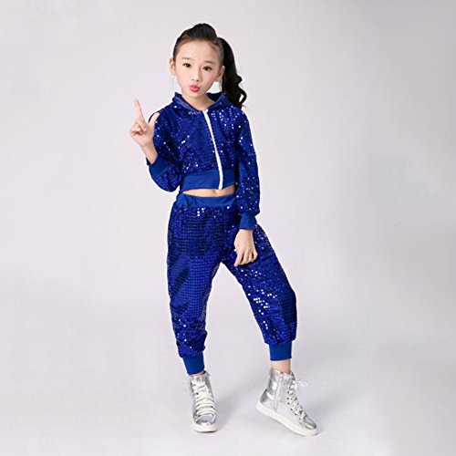 niños niñas Lentejuelas Hip Hop Traje de Calle Conjunto de Ropa de Baile Tops+Pantalones+Sombrero (7-8 años, Azul)