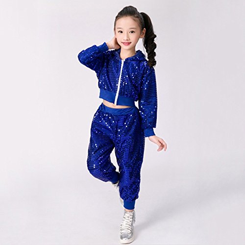 niños niñas Lentejuelas Hip Hop Traje de Calle Conjunto de Ropa de Baile Tops+Pantalones+Sombrero (7-8 años, Azul)