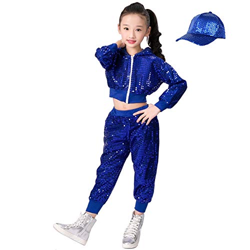 niños niñas Lentejuelas Hip Hop Traje de Calle Conjunto de Ropa de Baile Tops+Pantalones+Sombrero (7-8 años, Azul)