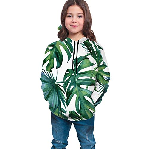 Niños niñas Sudaderas con Capucha de Lana Classic Palm Leaves Tropical Jungle Green Bolsillos Sudaderas Sudaderas con Capucha de Lana 7-20Y