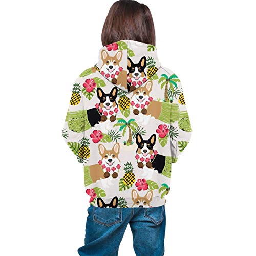 Niños niñas Sudaderas con Capucha de Lana Hawaiian Tropical Summer Corgis Pineapple Palm Bolsillos Sudaderas Sudaderas con Capucha de Lana 7-20Y