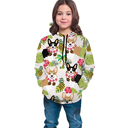 Niños niñas Sudaderas con Capucha de Lana Hawaiian Tropical Summer Corgis Pineapple Palm Bolsillos Sudaderas Sudaderas con Capucha de Lana 7-20Y