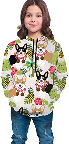 Niños niñas Sudaderas con Capucha de Lana Hawaiian Tropical Summer Corgis Pineapple Palm Bolsillos Sudaderas Sudaderas con Capucha de Lana 7-20Y