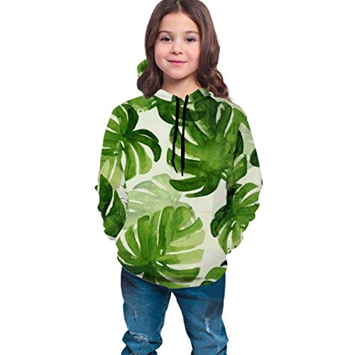 Niños niñas Sudaderas con Capucha de Lana Watercolortropical Monstera Palm Leaf #2 Bolsillos Sudaderas Sudaderas con Capucha de Lana 7-20Y