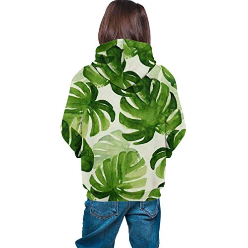 Niños niñas Sudaderas con Capucha de Lana Watercolortropical Monstera Palm Leaf #2 Bolsillos Sudaderas Sudaderas con Capucha de Lana 7-20Y