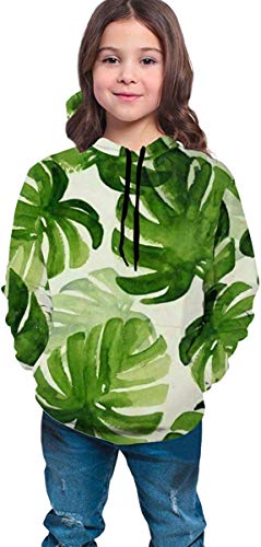 Niños niñas Sudaderas con Capucha de Lana Watercolortropical Monstera Palm Leaf #2 Bolsillos Sudaderas Sudaderas con Capucha de Lana 7-20Y