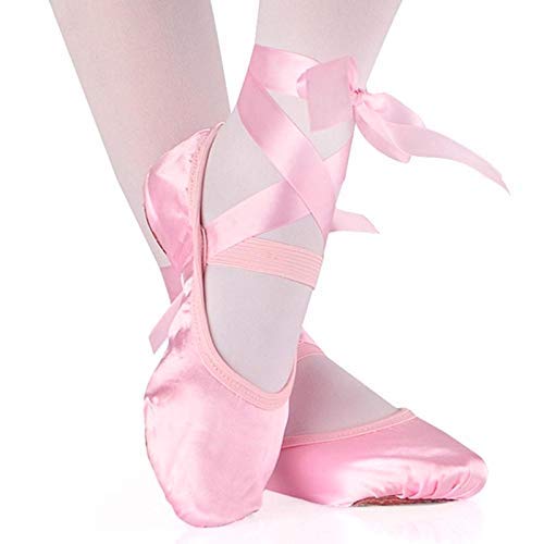 Niños y Adulto Danza Ballet de Niña Zapatos Satén Gimnasia Planos Doble Suela con Lazo - Rojo, 39