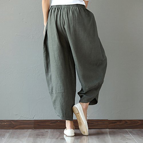 NiSeng Mujer Estilo Étnico Remiendo Pantalones Anchos Casual Lino Pantalon Casual Harem Pantalones Ejército XL