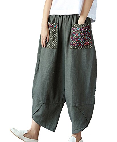 NiSeng Mujer Estilo Étnico Remiendo Pantalones Anchos Casual Lino Pantalon Casual Harem Pantalones Ejército XL