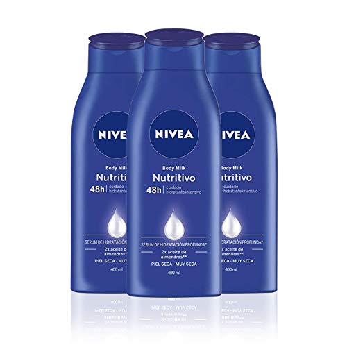 NIVEA Body Milk Nutritivo en pack de 3 (3 x 400 ml), leche corporal para una hidratación profunda durante 48 h, crema hidratante corporal con aceite de almendras NIVEA Body Milk Nutritivo en pack de 3 (3 x 400 ml), leche corporal para una hidratación profunda durante 48 h, crema hidratante corporal con aceite de almendras