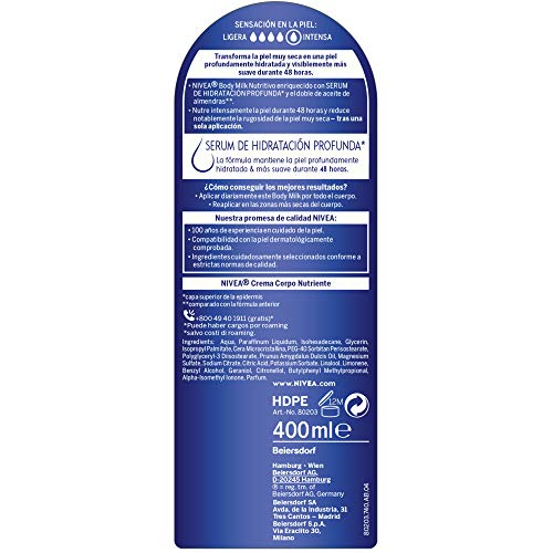 NIVEA Body Milk Nutritivo en pack de 3 (3 x 400 ml), leche corporal para una hidratación profunda durante 48 h, crema hidratante corporal con aceite de almendras