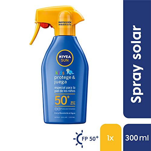 Nivea Sun Spray Solar Niños Protege Juega FP50+ (1 x 300 ml) pistola spray solar hidratante resistente al agua, protector solar infantil, protección solar muy alta