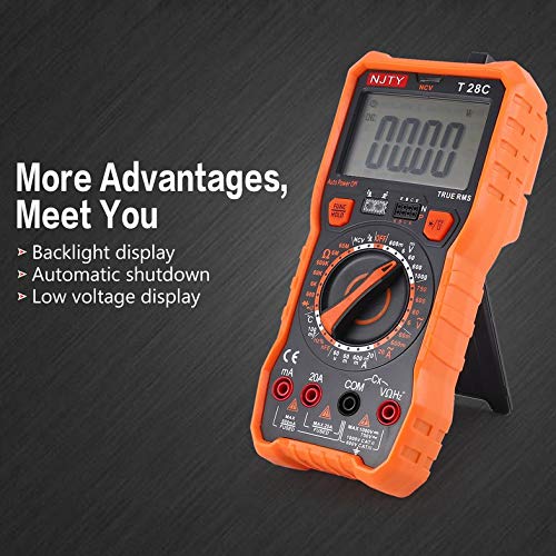 NJTY T28C Medidor digital DC/AC Strommesser Mini amperímetro Ohm Diodo NCV Probador 6000 Z?hlt Multitester True RMS - Naranja y gris