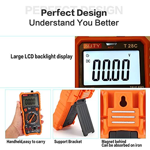 NJTY T28C Medidor digital DC/AC Strommesser Mini amperímetro Ohm Diodo NCV Probador 6000 Z?hlt Multitester True RMS - Naranja y gris