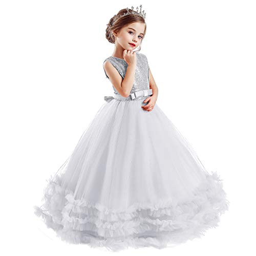 NNJXD Chica Sin Mangas Flor Princesa Lentejuela Vestidos del Desfile Niños Fiesta de Baile Tamaño del Vestido Tamaño (130) 6-7 años 705 Blanco-A NNJXD Chica Sin Mangas Flor Princesa Lentejuela Vestidos del Desfile Niños Fiesta de Baile Tamaño del Vestido Tamaño (130) 6-7 años 705 Blanco-A
