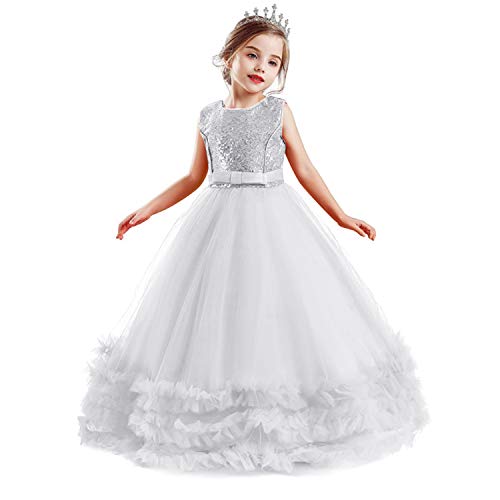 NNJXD Chica Sin Mangas Flor Princesa Lentejuela Vestidos del Desfile Niños Fiesta de Baile Tamaño del Vestido Tamaño (130) 6-7 años 705 Blanco-A NNJXD Chica Sin Mangas Flor Princesa Lentejuela Vestidos del Desfile Niños Fiesta de Baile Tamaño del Vestido Tamaño (130) 6-7 años 705 Blanco-A