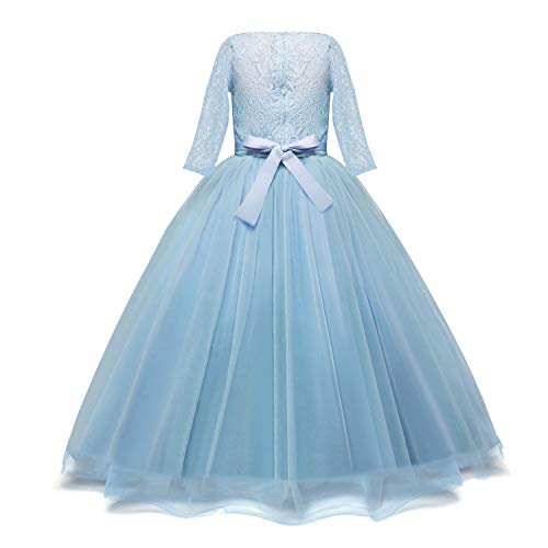 NNJXD Chicas Pompa Bordado Vestido de Bola Princesa Boda Vestir Talla(140) 8-9 años 378 Azul-A