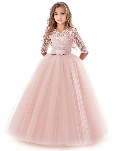 NNJXD Chicas Pompa Bordado Vestido de Bola Princesa Boda Vestir Talla(140) 8-9 años 378 Rosa-A