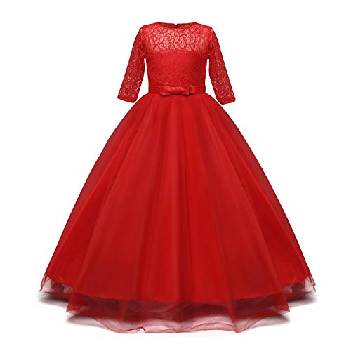 NNJXD Chicas Pompa Bordado Vestido de Bola Princesa Boda Vestir Talla(160) 11-12 años 378 Rojo-A