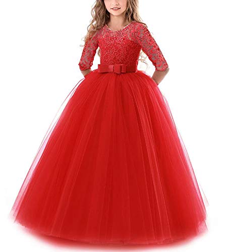 NNJXD Chicas Pompa Bordado Vestido de Bola Princesa Boda Vestir Talla(160) 11-12 años 378 Rojo-A