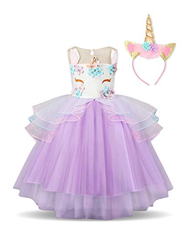 NNJXD Partido del Unicornio Flor de Las Muchachas del Traje de Cosplay de la Boda de Halloween de fantasía de Princesa Dress + del Mismo tamaño Gorras (110) 4-5 Años Púrpura