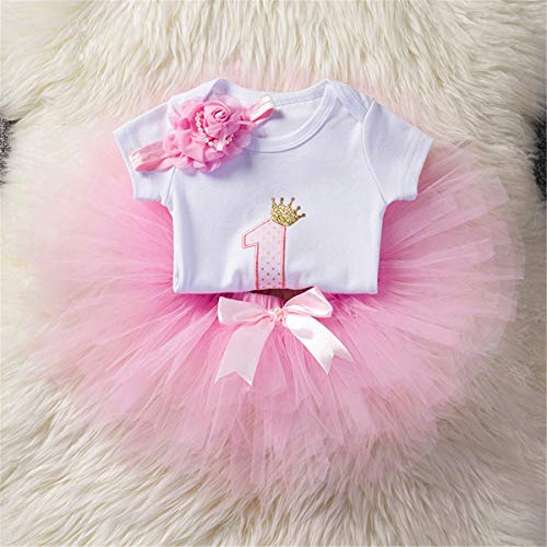 NNJXD Recién Nacida Tutú Primer Cumpleaños 3 Piezas Trajes Mameluco + Falda y Diadema Tamaño (1) 1 Año Rosa