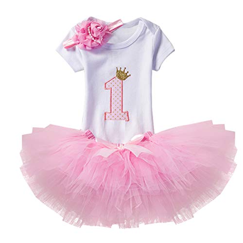 NNJXD Recién Nacida Tutú Primer Cumpleaños 3 Piezas Trajes Mameluco + Falda y Diadema Tamaño (1) 1 Año Rosa NNJXD Recién Nacida Tutú Primer Cumpleaños 3 Piezas Trajes Mameluco + Falda y Diadema Tamaño (1) 1 Año Rosa
