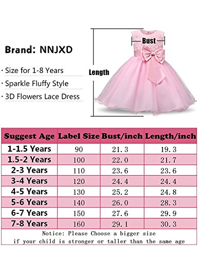 NNJXD Vestido de Fiesta de Princesa con Encaje de Flor de 3D sin Mangas para Niñas Talla(110) 2-3 Años Rosa